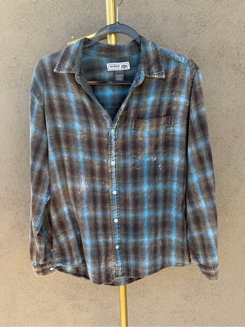 Y2K Blue Brown Plaid Flannel Distressed Bleach Grunge Button Collar Fall Shirt